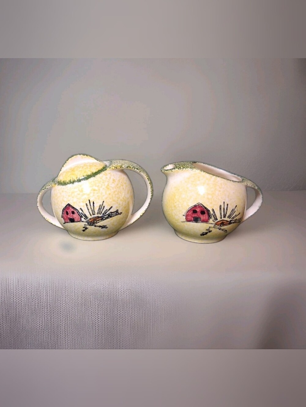 Blue RIdge Southern Potteries Sugar and Creamer Set Red Barn with Sunrise